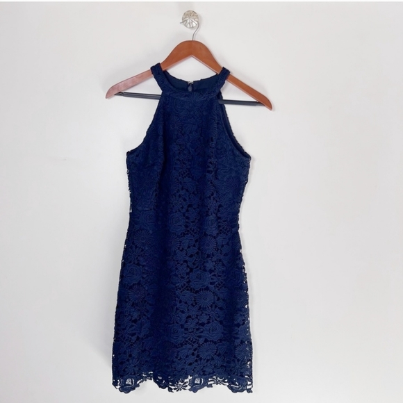 LULU’S LOVE POEM NAVY BLUE LACE MINI DRESS Small - Picture 3 of 16
